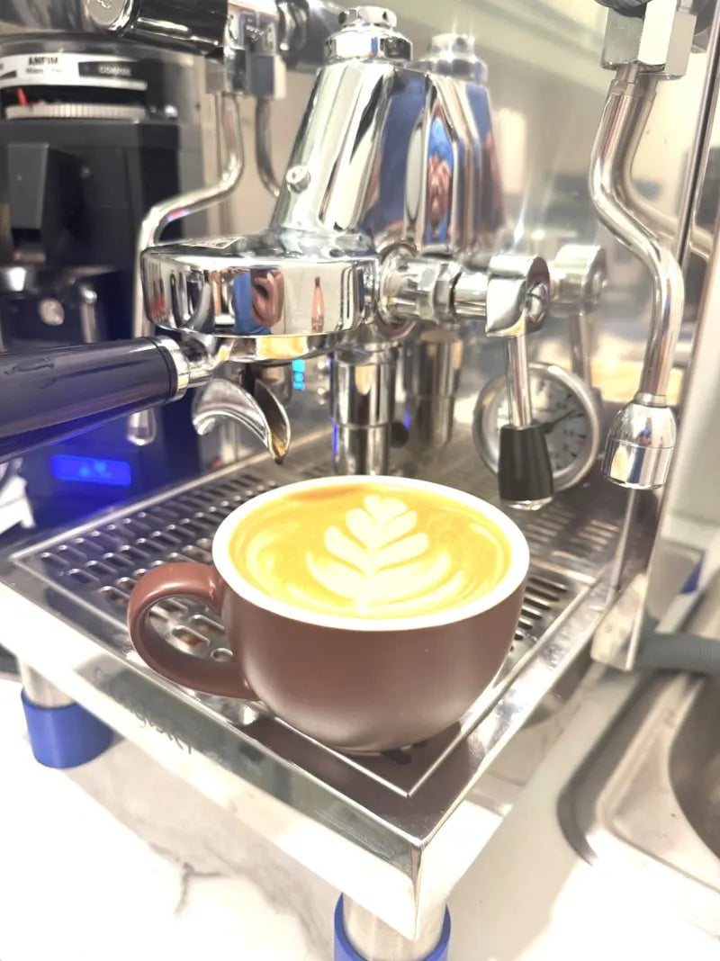 A latte with rosetta art on the drip tray of an espresso machine