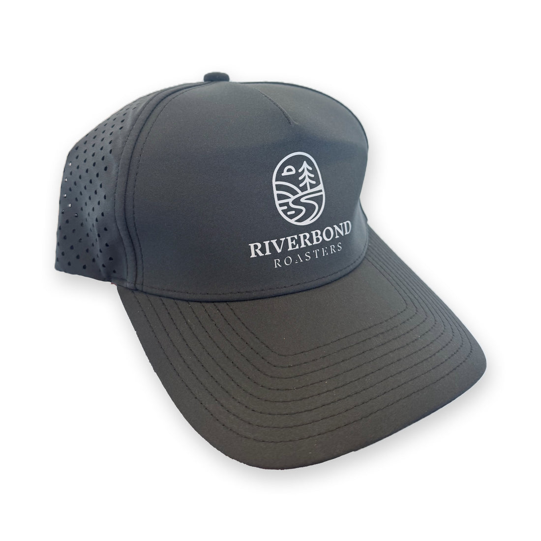 Riverbond Athletic Snapback in charcoal with the white Riverbond badge and logo