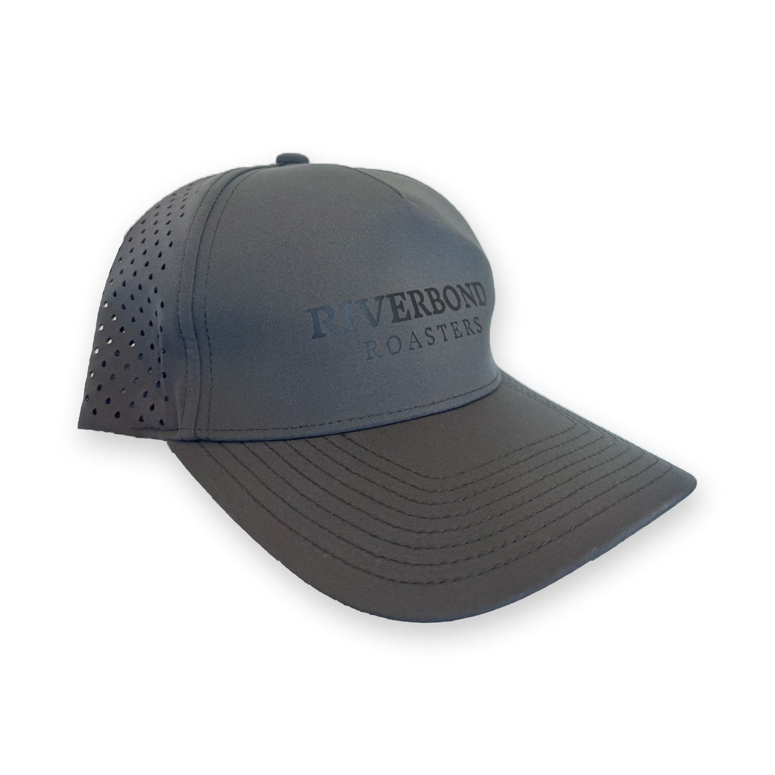 Riverbond Athletic Snapback in charcoal with the black Riverbond Roasters logo